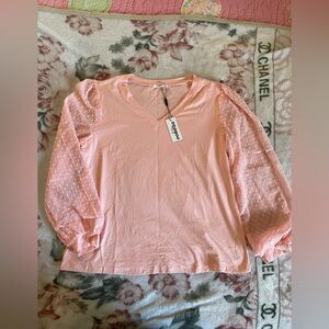 Zeagoo Light Pink Blouse with Sheer Polka Dot Sleeves
